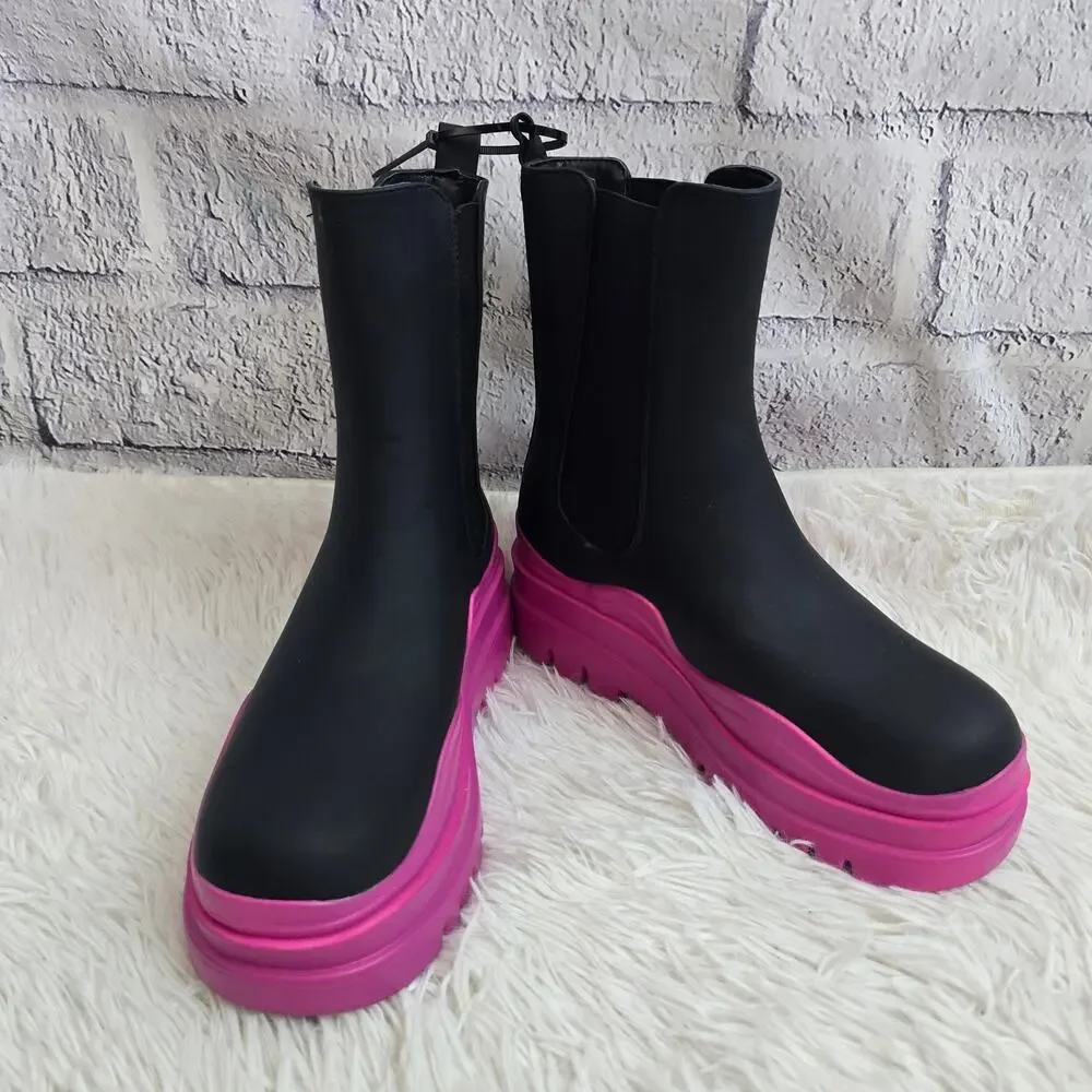 Shoedazzle Women's Black And Pink Weatherproof Platform Polly Boots